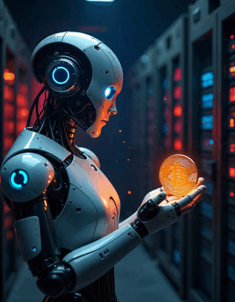 An AI robot is holding a Bitcoin, ready to carry out secure online transactions.