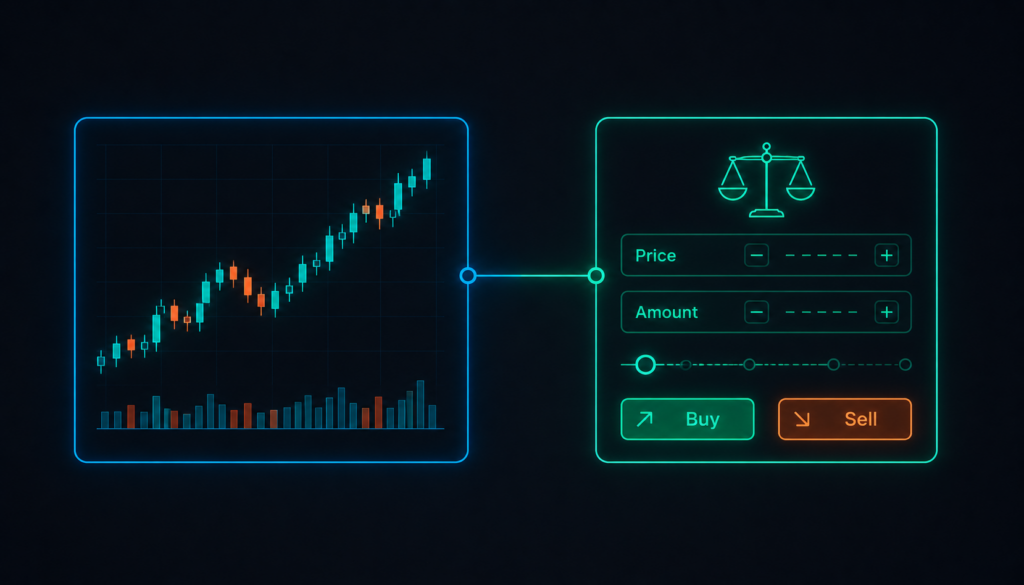 Line-art diagram of a trading platform interface with chart and order panels